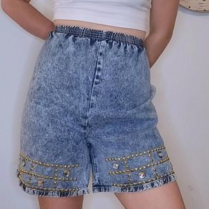 80s Acid Wash Embellished Mom Shorts with Elastic Waistband